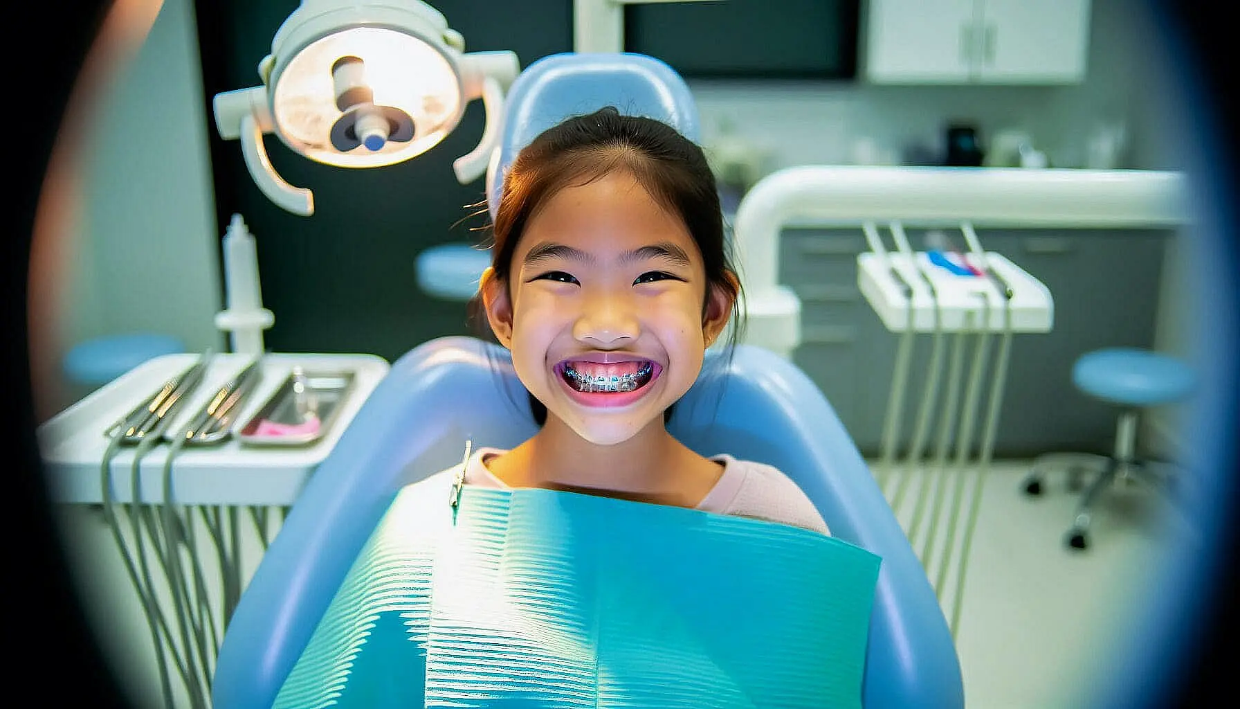At Smile City Orthodontics in Sunnyvale TX, a young girl with braces smiles confidently in a brightly lit dental chair, proudly displaying the beautiful results of affordable braces.