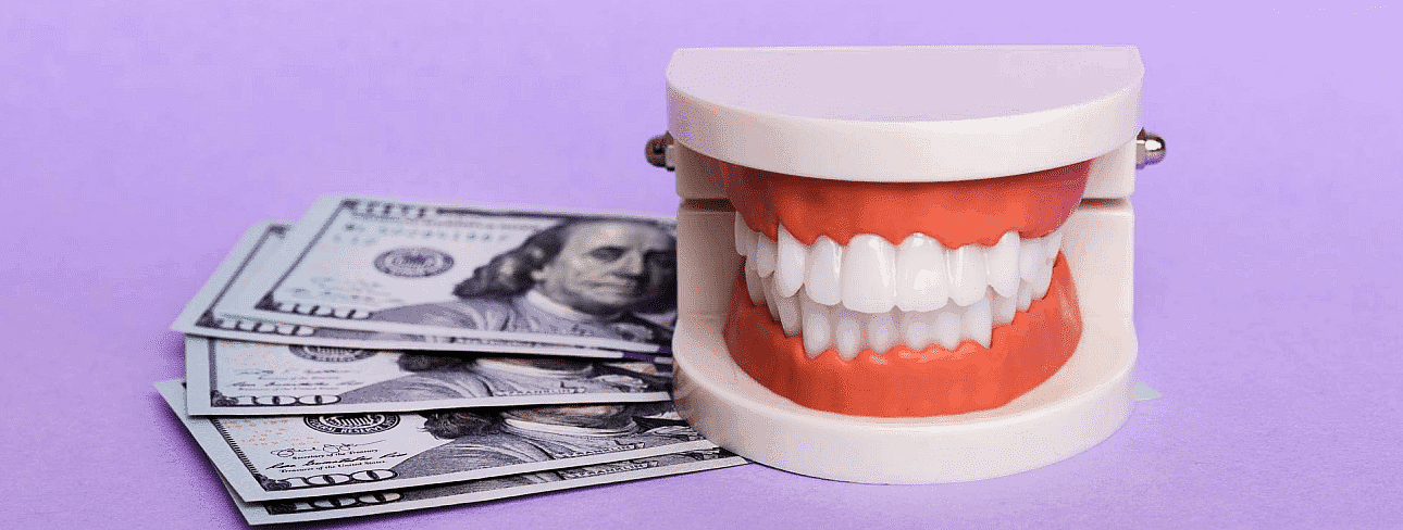 On a purple background, a dental model with white teeth is set beside hundred-dollar bills, showcasing the value of clear braces at Smile City Orthodontics in Sunnyvale, TX.