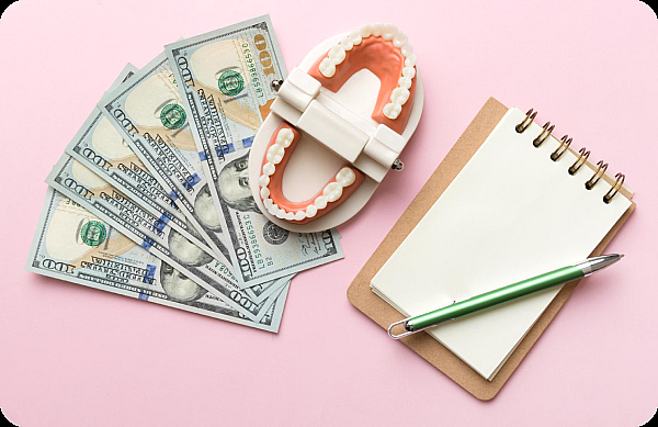 A dental model, $100 bills, a notepad, and a green pen are arranged on a pink background—ideal for exploring metal braces options at Smile City Orthodontics in Sunnyvale, TX.