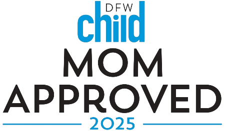 Logo with "DFW Child Mom Approved 2025" in black and blue text on white, highlighting Smile City Orthodontics in Sunnyvale, TX.