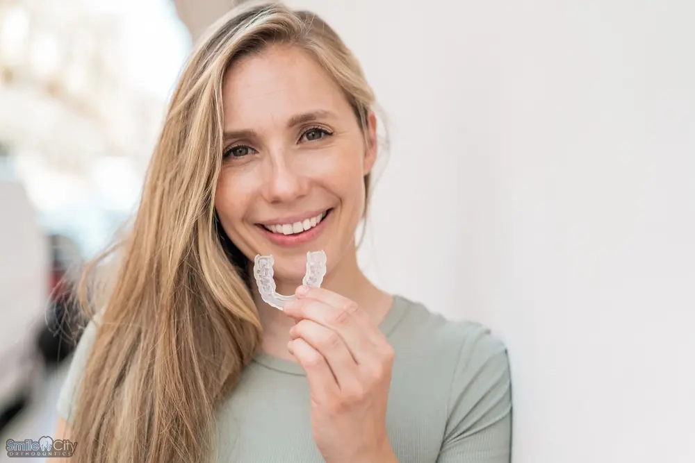 young blonde woman outdoors holding invisalign clear aligners happy expression - Aligners vs Braces in Sunnyvale, TX