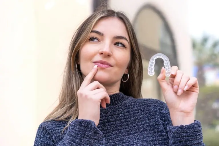 young pretty romanian woman holding invisalign clear aligners - Aligners vs Braces in Sunnyvale, TX