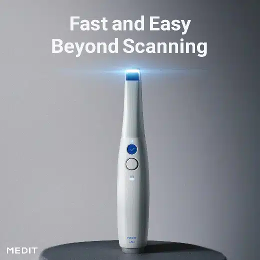 At Smile City Orthodontics in Sunnyvale, TX, a handheld dental 3D scanner emits a blue light while standing upright, highlighting advanced modern dental technology under the banner "Fast and Easy Beyond Scanning.