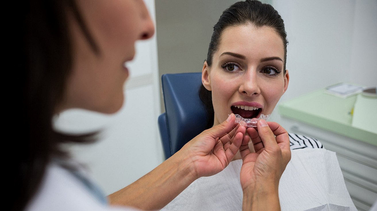 During her appointment at Smile City Orthodontics in Sunnyvale TX, a dental professional assists a seated woman with trying on a clear orthodontic aligner and discusses whether Invisalign is covered by insurance.