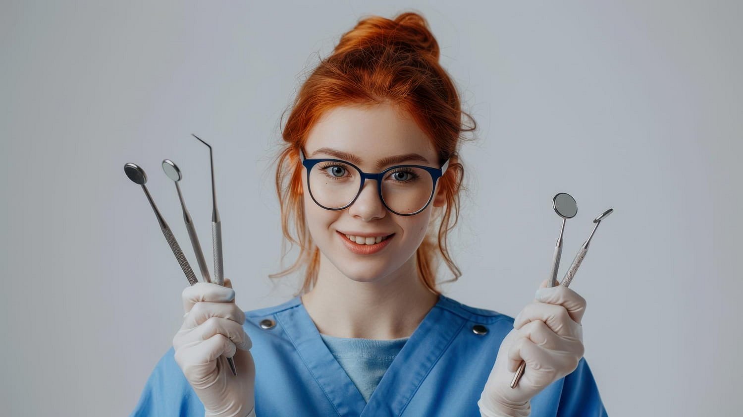 At Smile City Orthodontics in Sunnyvale TX, a dental professional in blue scrubs and gloves—smiling and holding dental tools—is ready to discuss orthodontic insurance plans tailored to your oral health needs.