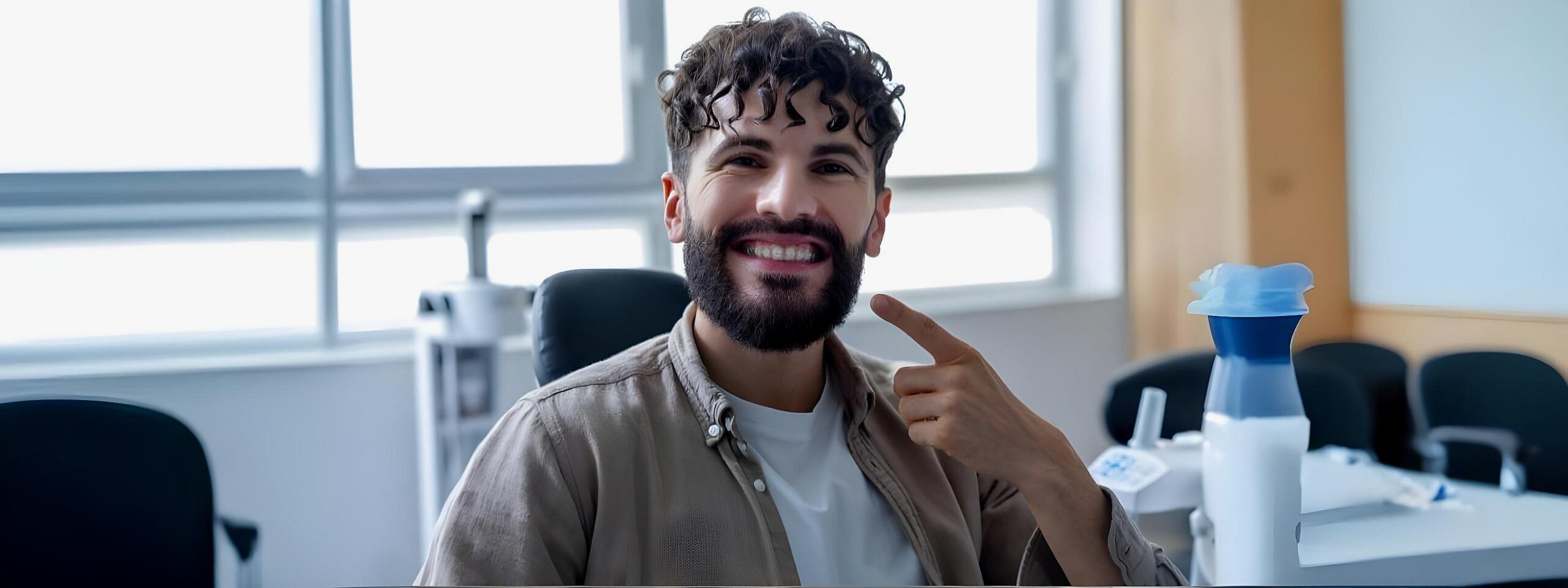 At Smile City Orthodontics in Sunnyvale TX, a man with curly hair and a beard sits in the dental office, smiling and pointing to his teeth to proudly display his clear braces.