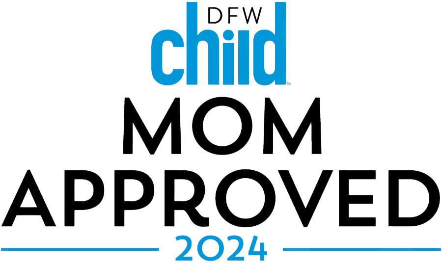 DFW Child Mom Approved 2024 logo featuring blue and black text, highlighting Smile City Orthodontics in Sunnyvale, TX.