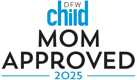 Logo with "DFW Child Mom Approved 2025" in black and blue text on white, highlighting Smile City Orthodontics in Sunnyvale, TX.