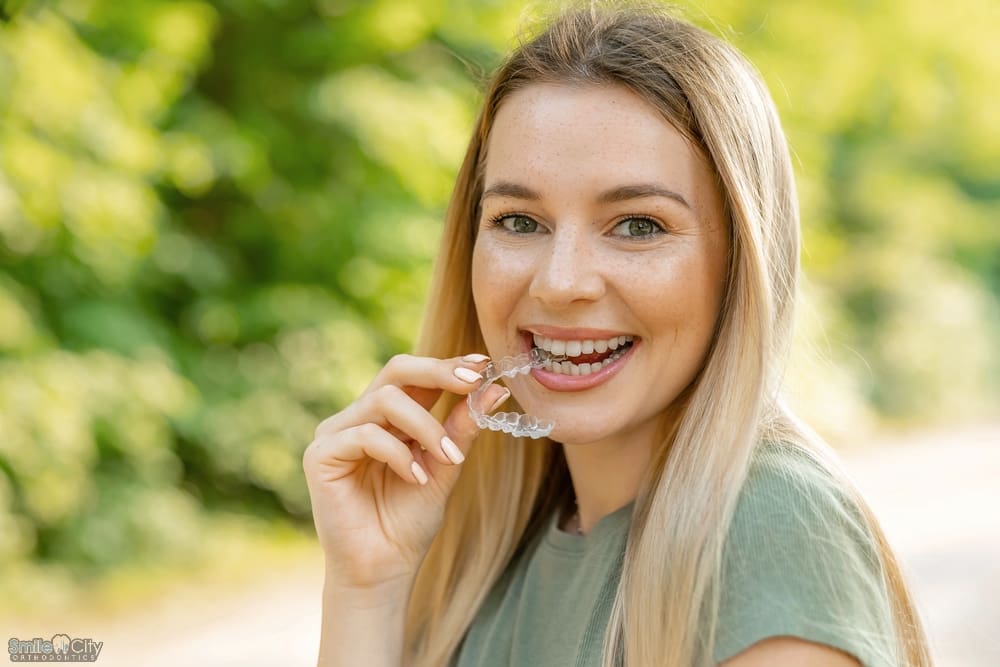 smiling woman freckles holding invisalign clear aligners invisible braces - How Does Invisalign Work in Sunnyvale, TX?